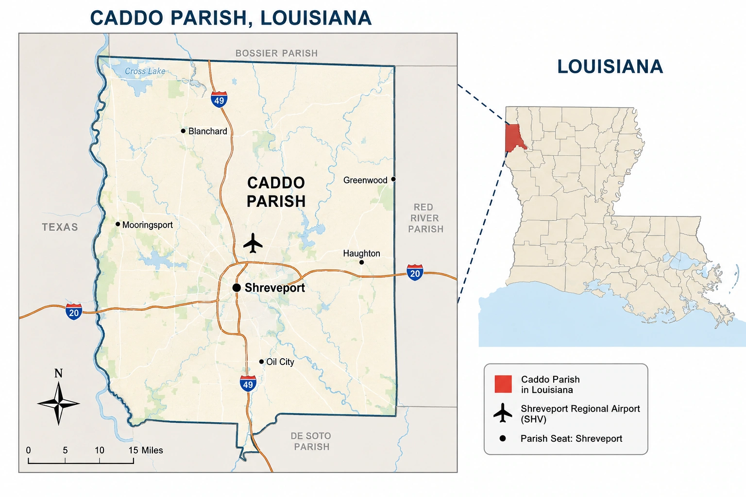 Map of Caddo Parish, Louisiana, showing its location near Shreveport in the northern part of the state